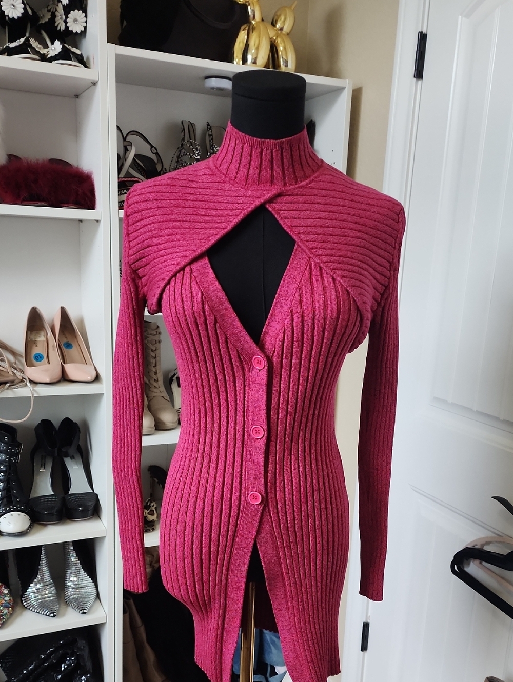 Ronny Kobo Collection Ribbed Cutout Cardigan - Fuchsia Pink